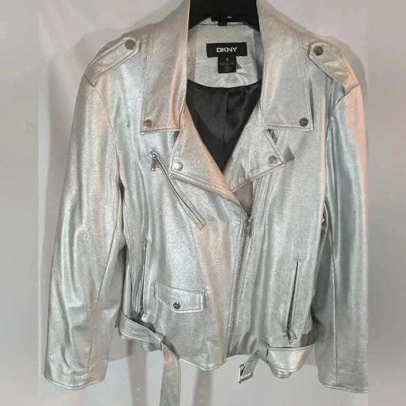 DKNY Metallic Silver Moto Style Faux Leather Jacket SZ XL - Picture 3 of 8